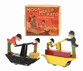 LOT OF 2: MARX TIN LITHO & PRESSED STEEL MOON MULLINS & KAYO HANDCARS