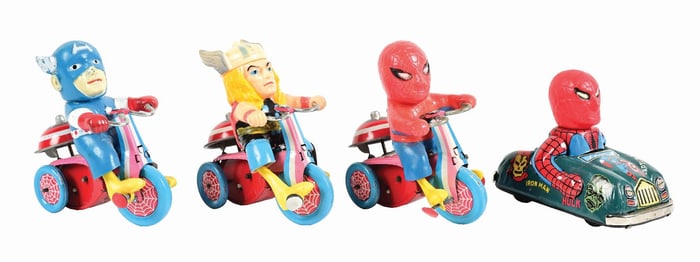 LOT OF 4: MARX MADE IN JAPAN SUPER HERO VEHICLE TOYS MADE OF TIN LITHO, VINYL & CELLULOID