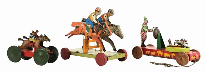 LOT OF 3: VARIOUS TIN LITHO & PAPER ON WOOD HORSE-THEMED PULL TOYS