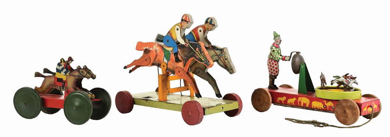 LOT OF 3: VARIOUS TIN LITHO & PAPER ON WOOD HORSE-THEMED PULL TOYS (1 of 3)