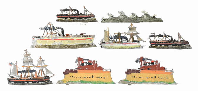LOT OF 7: VARIOUS CAST WHITE METAL MODEL SHIPS: Various ships include sail ships, steamers and a battleship. Also includes two small wave pieces. Condition: (Very Good). Dimensions: Largest: 5 - 1/2" x 1/2" x 2".
