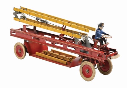 KINGSBURY PRESSED STEEL CLOCKWORK FIRE LADDER TRUCK