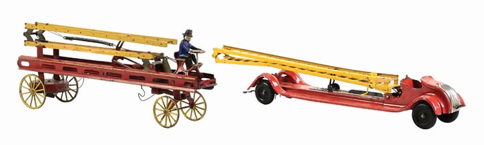 LOT OF 2: AMERICAN-MADE TIN LITHO WIND-UP FIRE LADDER TRUCK TOYS
