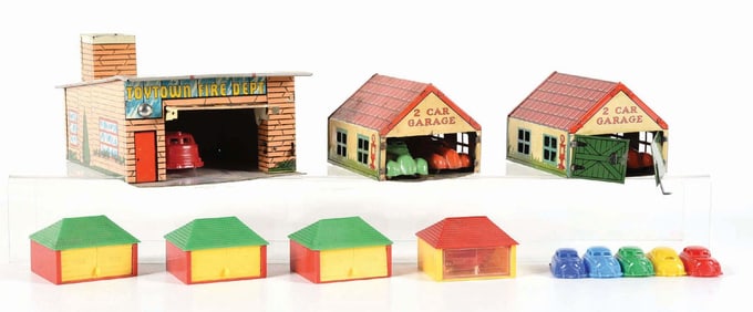LOT OF 7: VARIOUS WYANDOTTE TIN LITHO, PRESSED STEEL & PLASTIC GARAGE SETS