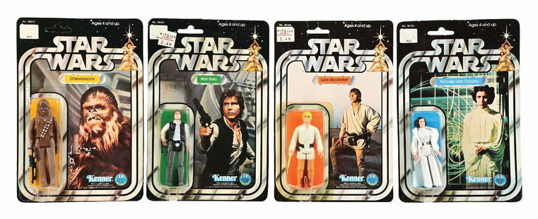 LOT OF 4: 1977 KENNER STAR WARS FIGURES ON ORIGINAL CARDS: All sealed in plastic. The plastic looks good and some damage to bubbles. CONDITION: (A) The Chewbacca is unpunched. (B) The Han Solo has a price tag on the upper-left corner. The card is punched, and