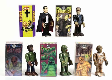 LOT OF 5: CONTEMPORARY TIN LITHO WIND-UP JAPANESE MONSTER FIGURES IN ORIGINAL BOXES