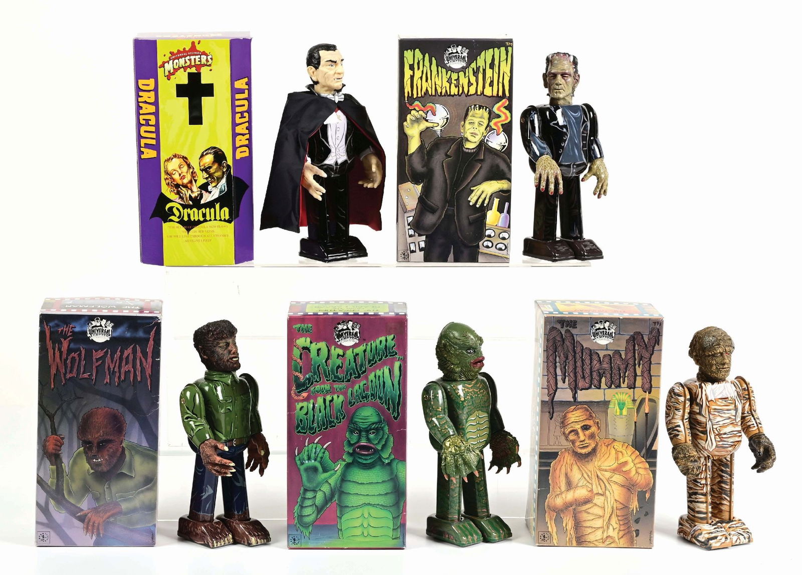 LOT OF 5: CONTEMPORARY TIN LITHO WIND-UP JAPANESE MONSTER FIGURES IN ORIGINAL BOXES (1 of 2)