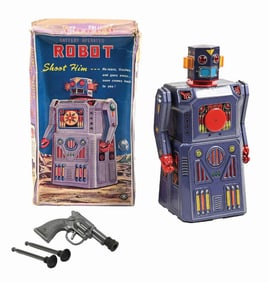 JAPANESE TIN LITHO BATTERY-OPERATED TARGET ROBOT WITH ORIGINAL BOX