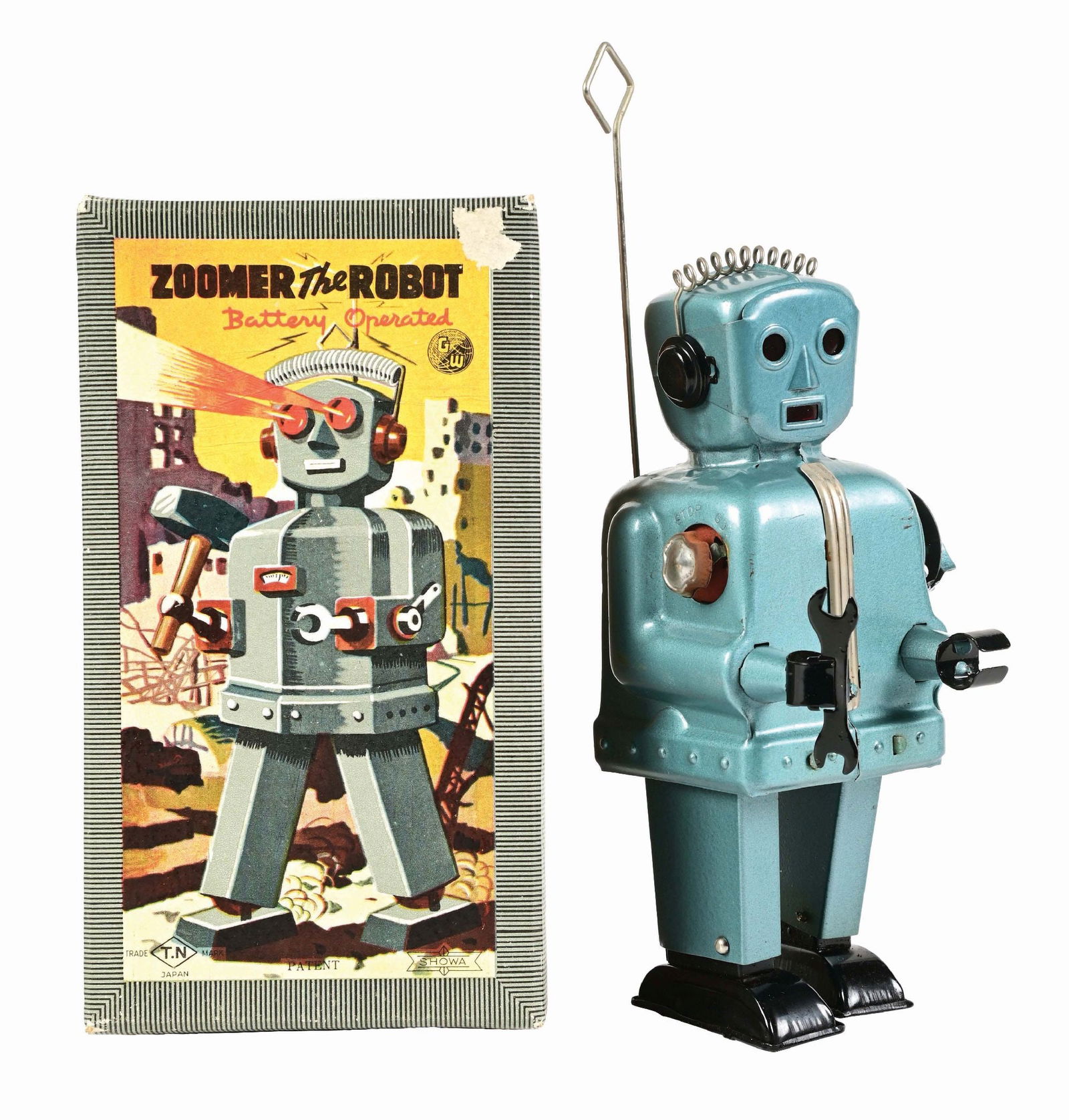 JAPANESE NOMURA BATTERY-OPERATED TIN LITHO ZOOMER THE ROBOT IN ORIGINAL BOX (1 of 4)
