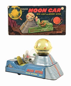 JAPANESE TIN LITHO BATTERY-OPERATED MOON CAR WITH ORIGINAL BOX