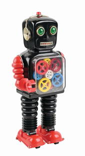 JAPANESE TIN LITHO & PLASTIC BATTERY-OPERATED BLINK-A-GEAR ROBOT BY TAIYO JAPAN: When in operation, gears spin. CONDITION: Battery box is clean, no cracks or scratching to plastic chest plate. Some slight crazing on back air tanks. Condition: (Excellent). Dimensions: 14 - 1/2" x 6