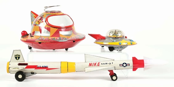 LOT OF 3: JAPANESE TIN LITHO FRICTION & BATTERY-OPERATED SPACE TOYS