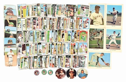 LARGE LOT OF BASEBALLS CARDS AND PINS IN A BOX