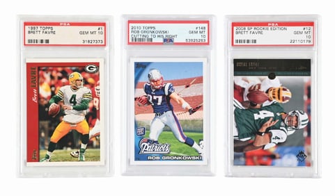 LOT OF 3: GRADED FOOTBALL CARDS, BRETT FAVRE & ROB GRONKOWSKI