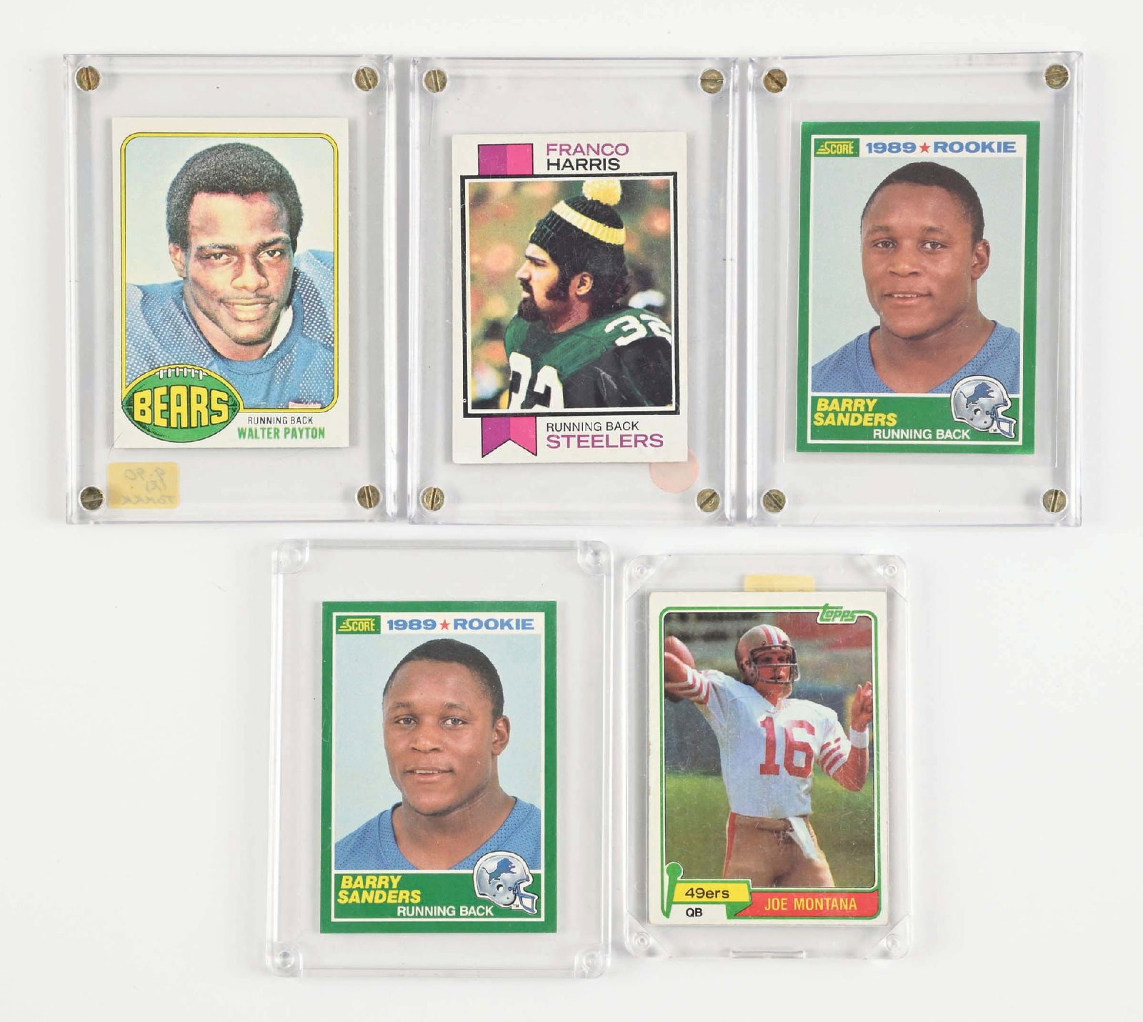 LOT OF 5: FOOTBALL CARD IN CASES: Group lot of football Hall of Famers. Condition: (Excellent). Dimensions: largest: 3-1/2" x 4-1/2".