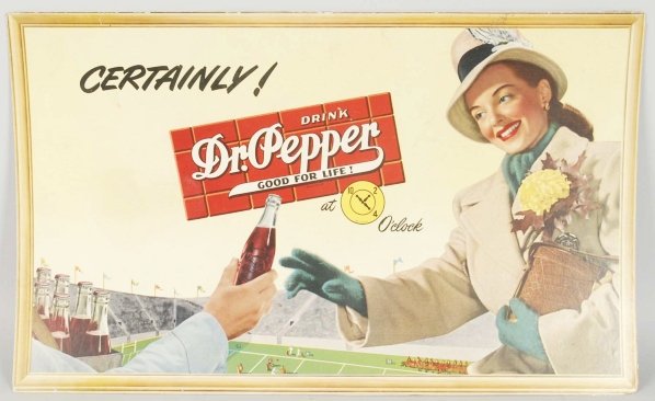 1940s Dr. Pepper Small Horizontal Poster.: Lightly warped with minor surface wear, marks, and line. Condition (Excellent). Size 24 - 3/4" x 15 - 1/4".