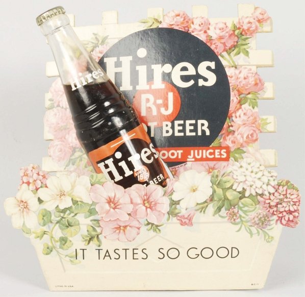 Hire's Root Beer Bottle with Sign.: 1940s. Light wear, minor bends, and support repair needed on the lattice display. Good-looking item. Condition (Excellent). Size 10" T.