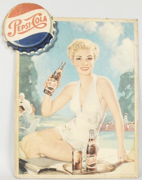 1950s Pepsi-Cola Cardboard Cutout.: Heavier wear and soiling with bends, closed tears, and tape repair on back. Condition (Good). Size 23" x 18".