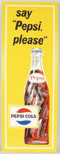 1969 Embossed Tin Pepsi-Cola Sign.: Never used new old stock with only miniscule marks, outer edge bends, and soiling. Condition (Near Mint). Size 46 - 1/2" x 16 - 3/4".