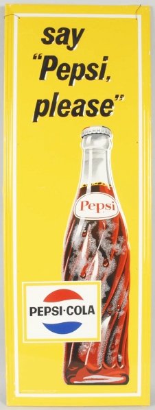 1969 Embossed Tin Pepsi-Cola Sign.: Never used new old stock with only miniscule marks, outer edge bends, and soiling. Condition (Near Mint). Size 46 - 1/2" x 16 - 3/4".