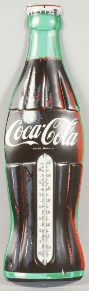 Coca-Cola Embossed Tin Bottle Thermometer.: 1950s (or later). Red back and nearly no wear. Condition (Near Mint). Size 29 - 1/2" T.