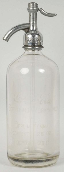 Berlin, PA Coca-Cola Seltzer Bottle.: Marked cap and very little wear. Condition (Excellent - Near Mint). Size 11 - 1/2" T.