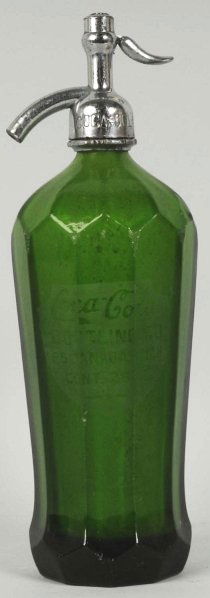 Escanaba, MI Green Coca-Cola Seltzer Bottle.: Fluted bottle. Marked cap, chips, nicks, and mild wear. Condition (Good - Very Good). Size 12" T.