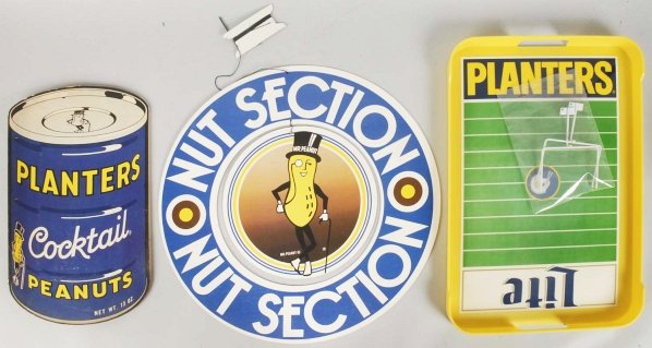 Lot of 5: Assorted Planters Advertising Pieces.: Includes a store poster, mobile, football tray, can notebook, and four drinking glasses. Condition (Very Good - Near Mint). Size Largest: 19 - 1/4" Dia.