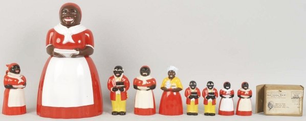 Lot of 9: Plastic Aunt Jemima Pieces.: Includes cookie jar and salt and pepper shakers. Condition (Excellent). Size Largest: 11 - 1/2" T.