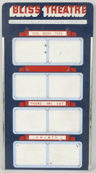 Bliss Theatre Masonite Promotional Signboard.: 1940s to 1950s. Light marks, wear, and scratches. Complete with original easel rod. Condition (Very Good). Size 27 - 1/2" x 15".