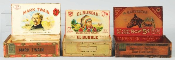 Lot of 3: Assorted Cigar Boxes.: Circa 1930s to 1940s. Inner titles include "El Bubble", "The Harvester", and "Mark Twain". Images of an Indian man, a horse, and a portrait of Mark Twain. Condition (Good - Very Good). Size Largest: 9