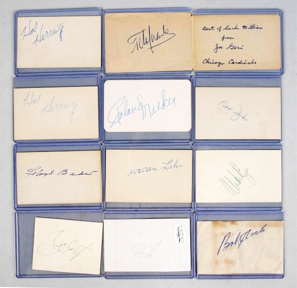 Lot of 21: Vintage Signatures on Cards & Paper.: Signatures include athletes and other celebrities like football player Joe Geri, football player Otto Graham, college star and Heisman winner Johnny Lujack, and others. All with authentication sticker
