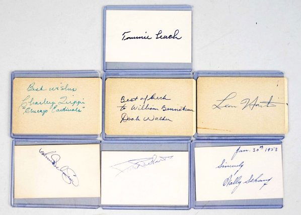 Lot of 7: Vintage Signatures on Cards.: Includes football players, Carley Trippi, Leon Hart, and Doak Walker along with baseball players, Wally Schang, Tommy Leach, Paul Richards, and Herm Wehmeier. All with COAs from JSA. Condition (Very G