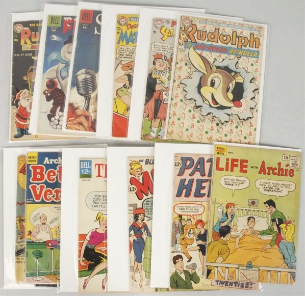 Lot of 13: Christmas & Funny Comic Books.: This lot includes Golden and Silver Age books with titles such as Santa Claus Funnies, Rudolph the Red-Nosed Reindeer, Sgt. Bilko, Life with Archie, Patsy and Hedy, and others. Condition (Very Good - 