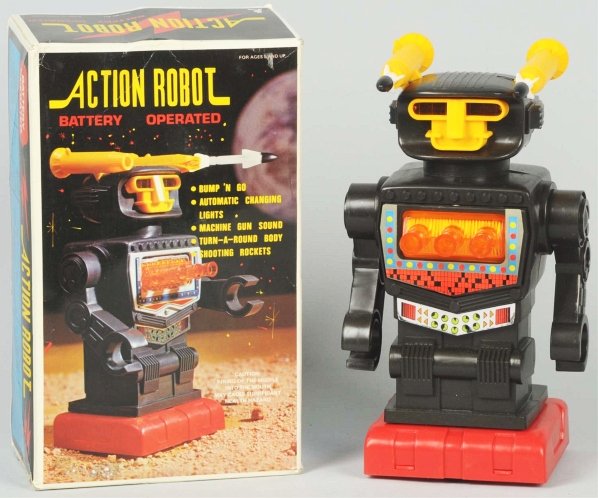 Battery-Operated Action Robot Toy.: Plastic. Complete including both rockets. Old store stock. Includes original box marked "Made in Hong Kong". Box has some overall creasing. Condition (Excellent - Near Mint). Size Box: 11" x 6 - 1/2".