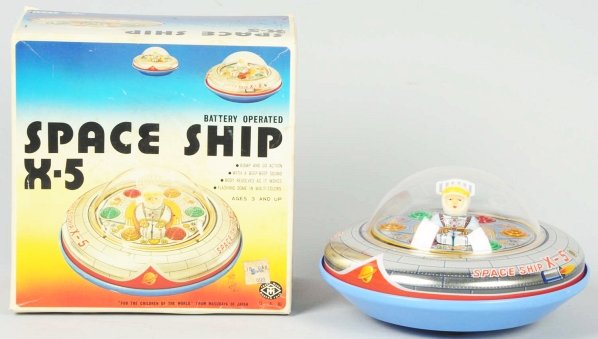 Battery-Operated X-5 Spaceship Toy.: Japanese. Made by Modern Toys. Old store stock. Includes original box marked "Made in Japan" with some creasing and wear. Condition (Near Mint). Size Box: 8 - 1/2" x 8 - 1/2".
