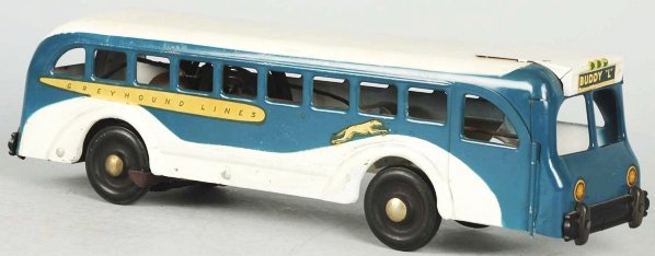 Pressed Steel Buddy L Greyhound Bus Wind-Up Toy.: American. Unusual original key for mechanism and opening passenger door. Some repainting to fender skirts and on top of roof. Condition (Very Good). Size 16" L.