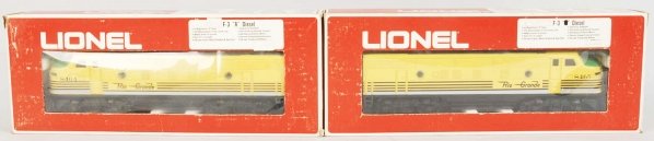 Lot of 2: Lionel Rio Grande F-3 Train Engines.: Contemporary. Includes no. 8464 powered engine and no. 8465 dummy unit. Includes original boxes with some wear. Condition (Excellent).