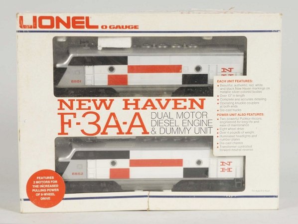 Lionel New Haven F-3A-A Train Engines.: Contemporary. Includes no. 8851 dual motor powered diesel engine and matching no. 8852 non-powered dummy unit. Includes original box with some overall wear. Condition (Excellent).