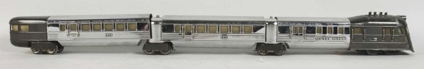 Lionel Flying Yankee Passenger Train Set.: Pre-war. O-gauge. Includes no. 616 streamline zephyr engine, no. 617 passenger car, and no. 618 observation car. Set comes with two vestibules. Some scratching and wear overall, especially to engine c