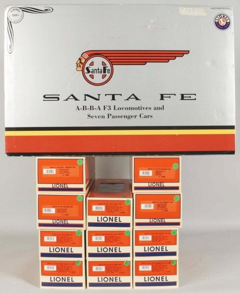 Lionel Santa Fe Passenger Train Car Set.: Contemporary. Limited 2001 production. Includes two AB and BA F3 locomotives and seven passenger cars. Includes original set box with some slight creasing and tearing. Condition (Excellent - Near Mint