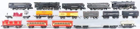 Lot of 18: Lionel Pre & Post-War Train Items.: Includes no. 50 gang car, several steam engines with matching tenders, and some freight cars. Condition (Very Good).