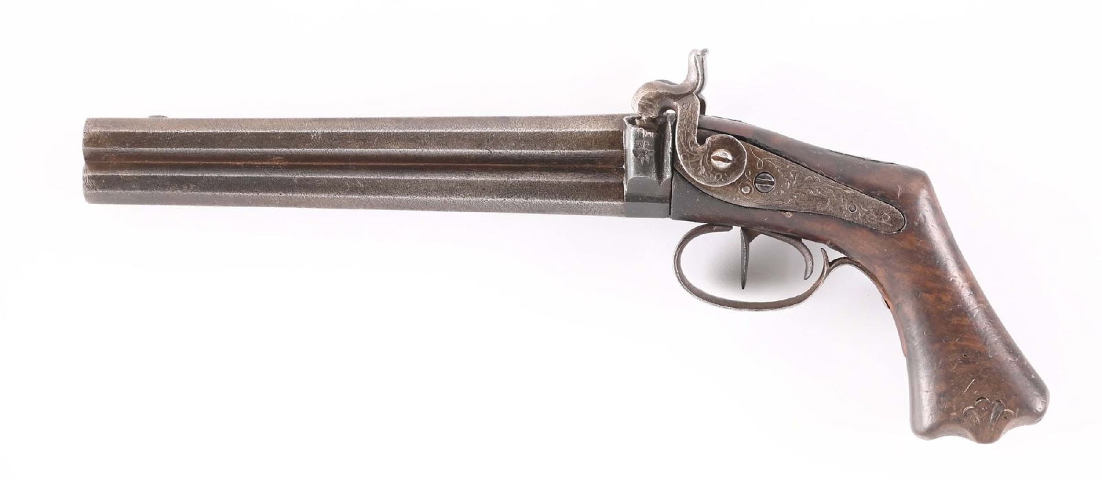 (A) ITALIAN MARKED OVER UNDER PERCUSSION PISTOL.: The only legend is a "Gardo" stamp under the barrel, which apperas to be a partially obliterated "Gardone". Octagon barrels, back action locks, double triggers, and solid one piece walnut grip. Locks 