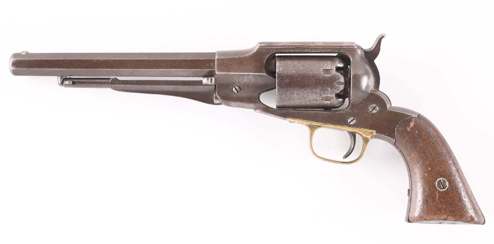 (A) MARTIALLY MARKED US REMINGTON 1861 OLD NAVY PERCUSSION REVOLVER.: The walnut grip left panel has a visible but illegible cartouche. The left side of barrel has subinspector stamp "PS". The trigger guard has a "B" stamp. The top of barrel has the Remington legend. St