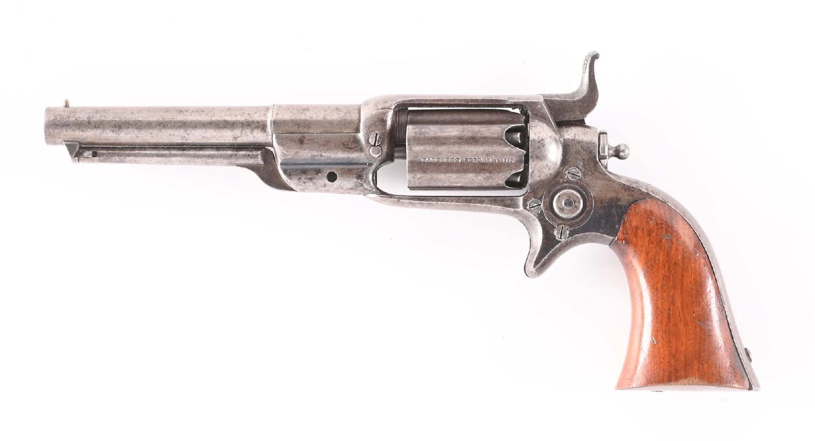 (A) COLT ROOT MODEL 1855 MODEL 5-A SIDEHAMMER PERCUSSION REVOLVER.: Manufactured in 1861. This variation has the fully fluted cylinder, the Colt New York address on top of barrel at breech. CONDITION: Very good. There is some flashes of bright blue in protected arears