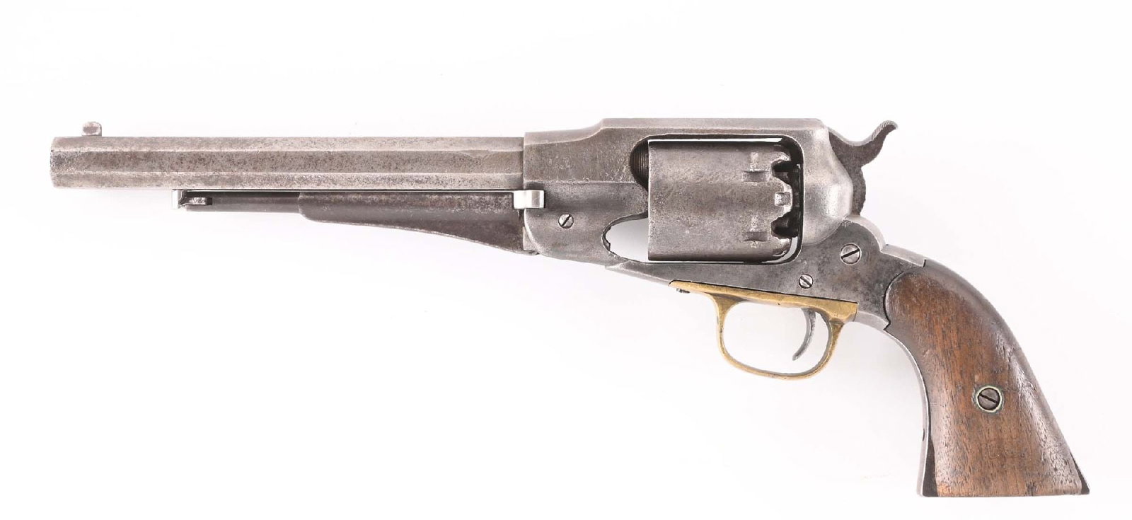 (A) REMINGTON MODEL 1858 ARMY SINGLE ACTION PERCUSSION REVOLVER: Octagon barrel with the Remington legend with 1858 patent date. This is a military issue with several sub inspector marks present along with a large C on left side of frame. According to research, the