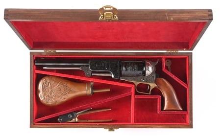 (A) ASM FACTORY ENGRAVED COLT WALKER SINGLE ACTION PERCUSSION PISTOL WITH WOOD DISPLAY CASE