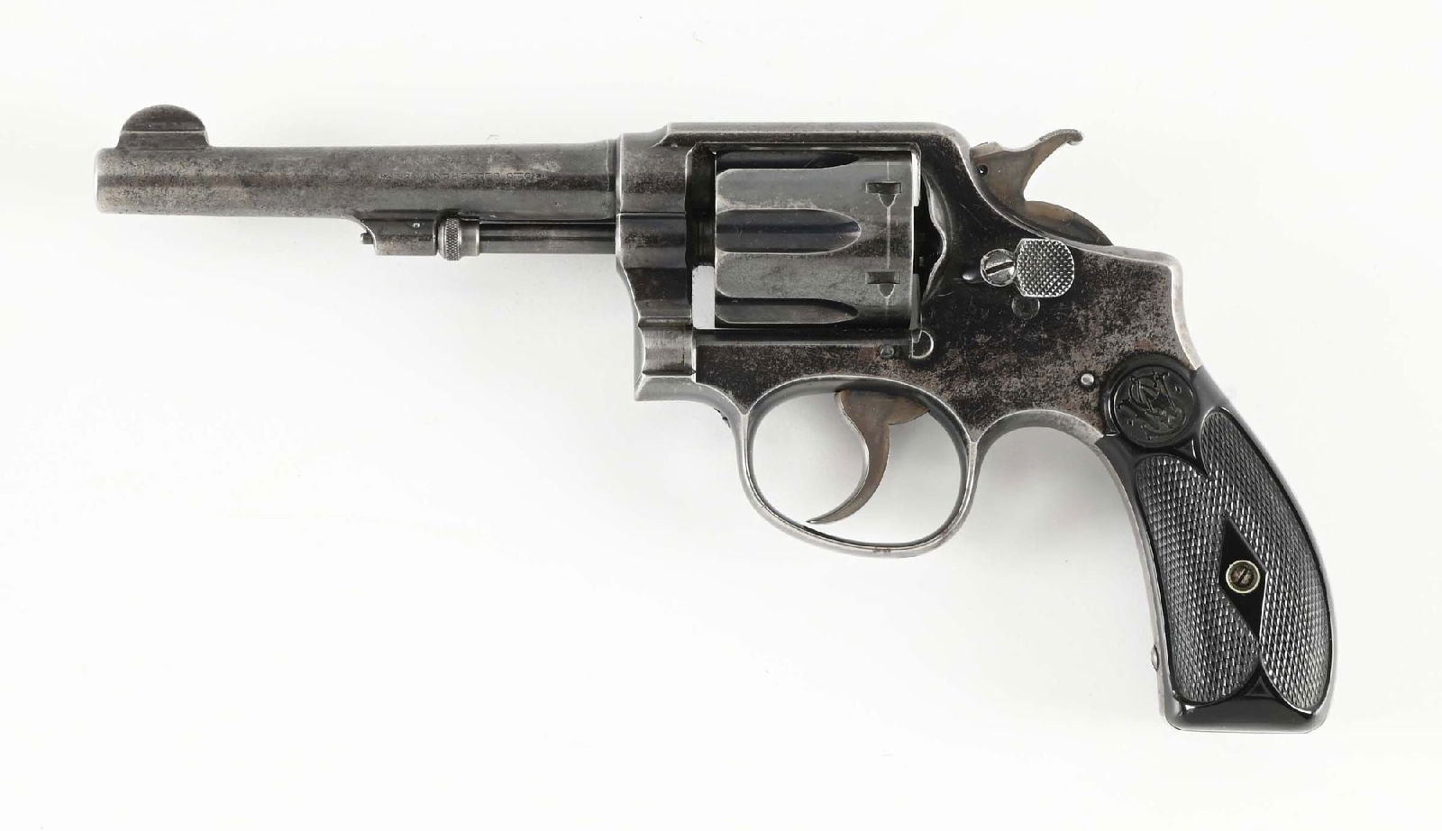 (C) SMITH & WESSON MODEL .32-20 HAND EJECTOR MODEL OF 1905 DOUBLE ACTION REVOLVER.: Features blue finish, half moon front sight, case color hammer and trigger, and monogram gutta percha round butt grips. Built on the 3-screw K-frame with pinned barrel and matching numbers on cylinder