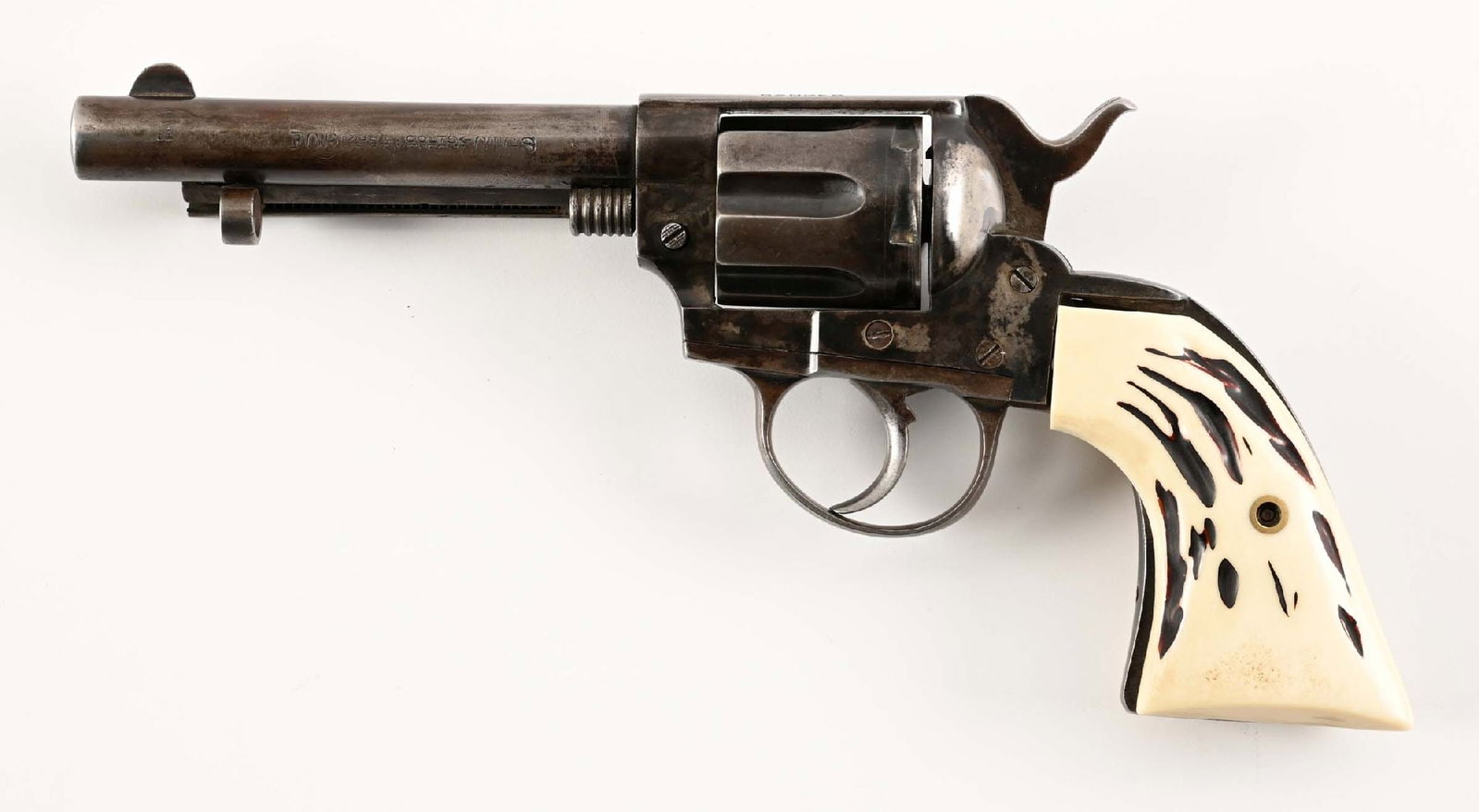 (C) SPANISH MADE "COWBOY RANGER" COLT COPY DOUBLE ACTION REVOLVER.: It is double action like a Colt lightning but resembles a single action army type scout. With plastic stag type grips. CONDITION: Very good. Retains 30% blue with balance turned grey. Action does not 