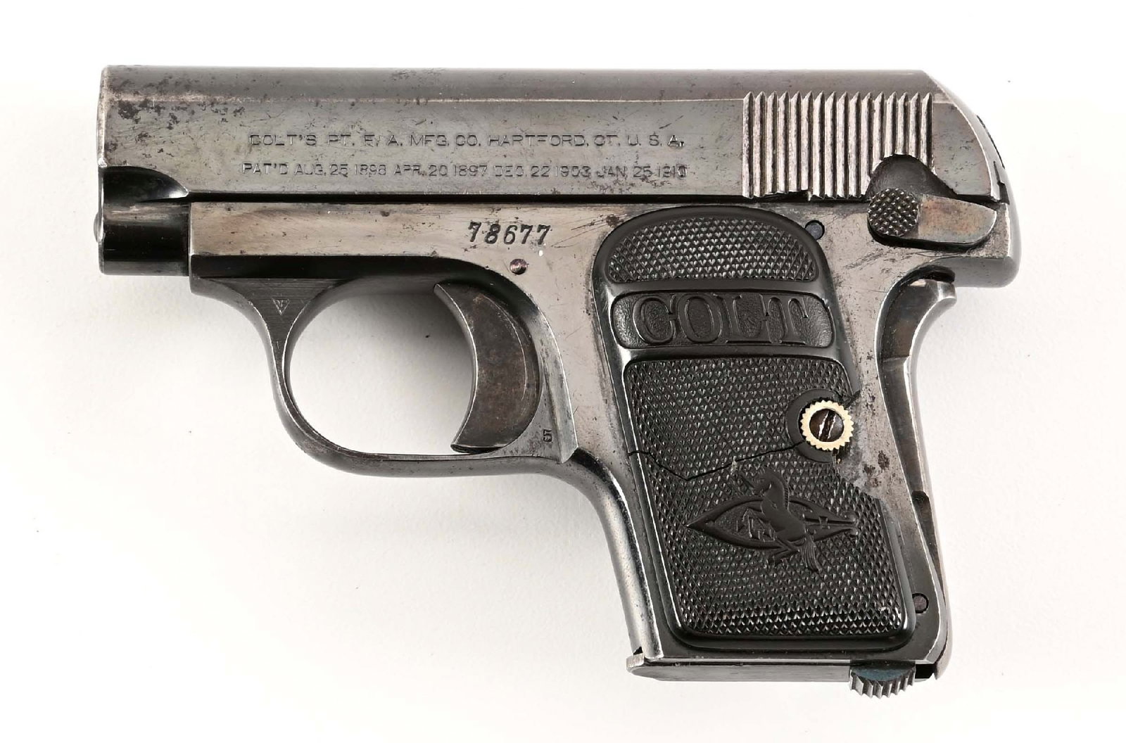 (C) COLT 1908 VEST POCKET .25 ACP SEMI-AUTOMATIC PISTOL (1912).: Manufactured in 1912. Features blue finish, early pre 1914 high polish, Colt gutta percha grips, and case colored trigger and grip safety. Magazine has high polish base blue body, no temper line. COND